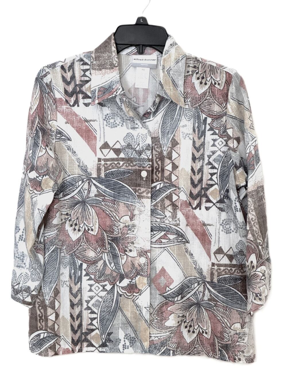 Alfred Dunner Petite PS Shirt Button Up Floral Geometric Aztec Blouse Top